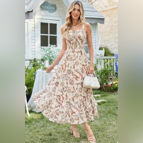 Grace Karin Floral Tiered Maxi Dress in Cream and Brown Size Small - Picture 3 of 15